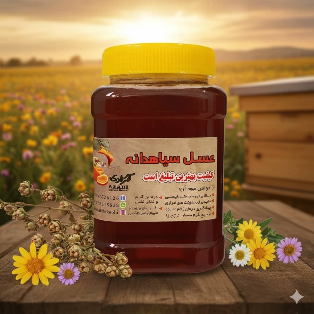 عسل سیاه دانه طبیعی خوش طعم مستقیم از زنبوردار یک کیلو گرم برداشت 1405 ** پلمپ شده و بهداشتی **