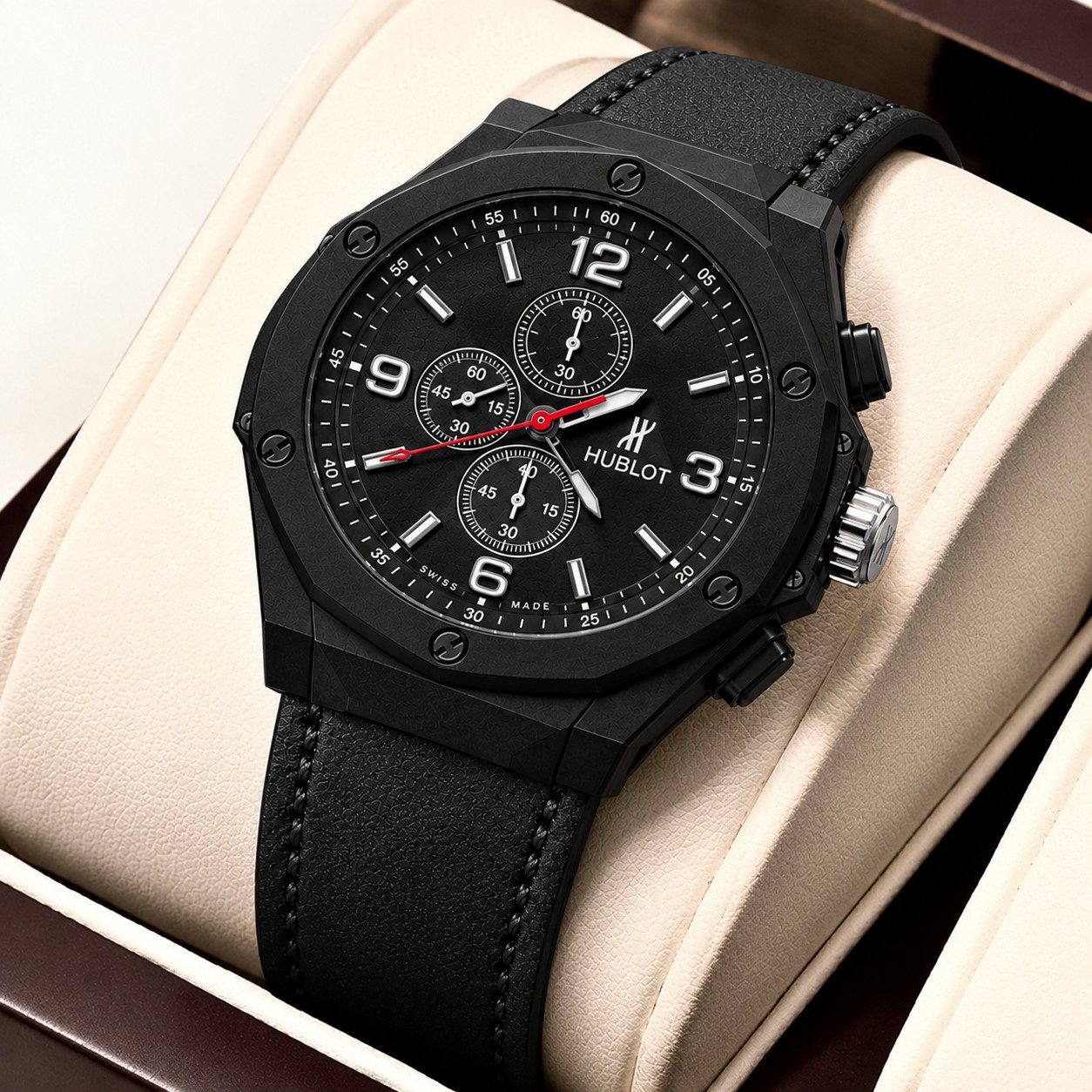 ساعت مچی مردانه هابلوت طرح کرنوگراف بندچرم دور دوخت رنگ ثابت کیفیت عالی.HUBLOT