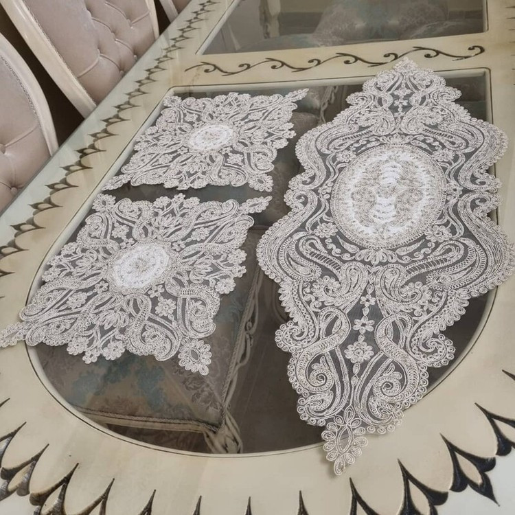 رومیزی 3 تکه جلومبلی و عسلی دانتل طرح ترک مدل آنتیک جدید