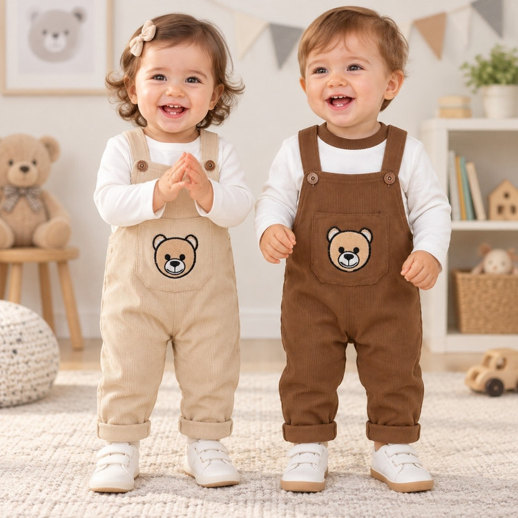 لباس بچگانه پیش بندب و پیراهن پارچه کبریتی سایز 1تا3 طرح موسچینو