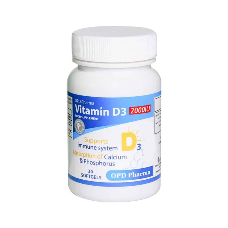 سافت ژل ویتامین D3 او پی دی فارما 2000 واحدی با بسته 30 عددی