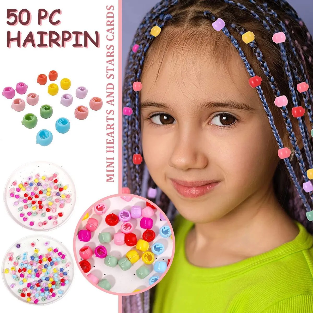مهره مو رنگی وارداتی یک بسته 10 عددی در چهارطرح ستاره،قلب، گل، گرد.