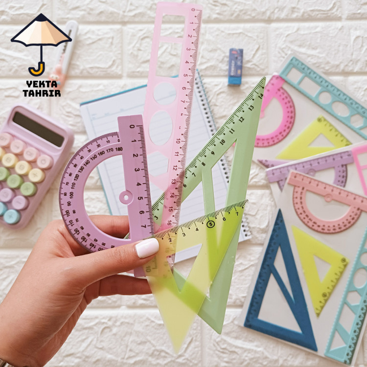 ست 4 تکه خط کش شابلون دار گونیا نقاله منعطف