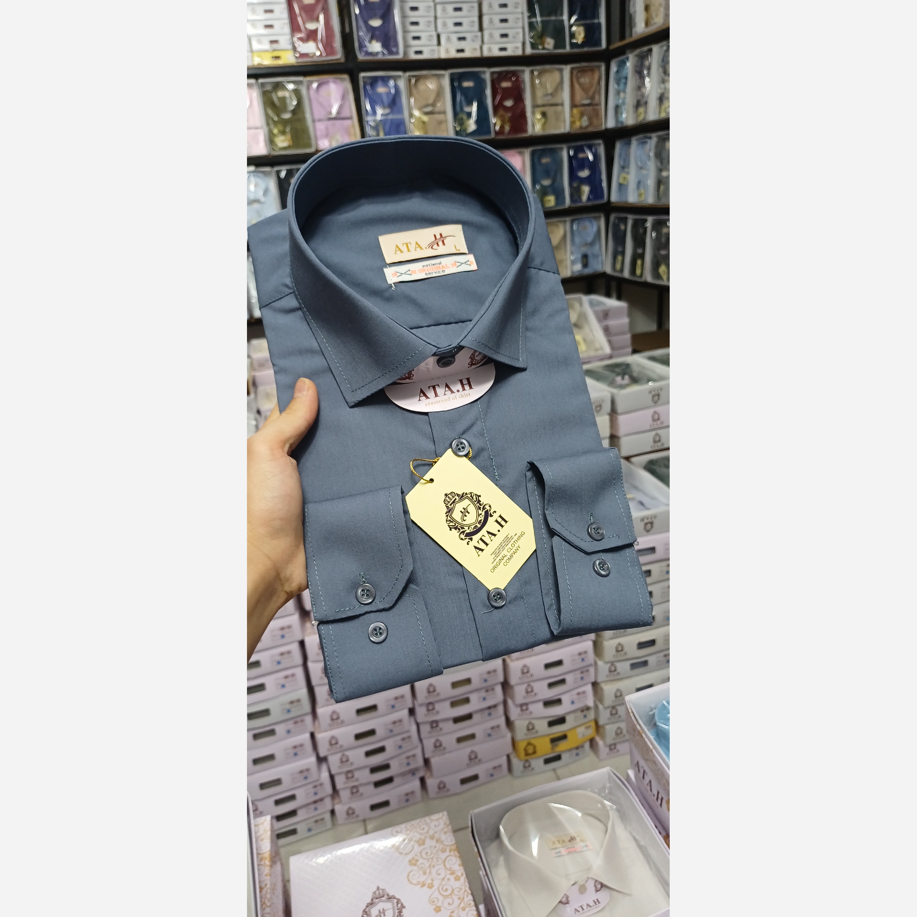 پیراهن مردانه طوسی ته آبی تترون درجه یک ( رنگ خاص و جدید )