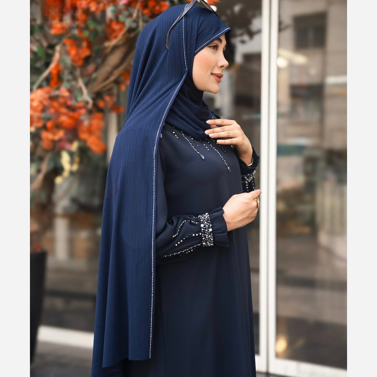 شال کشی کویتی نگین دار رنگ سرمه ای