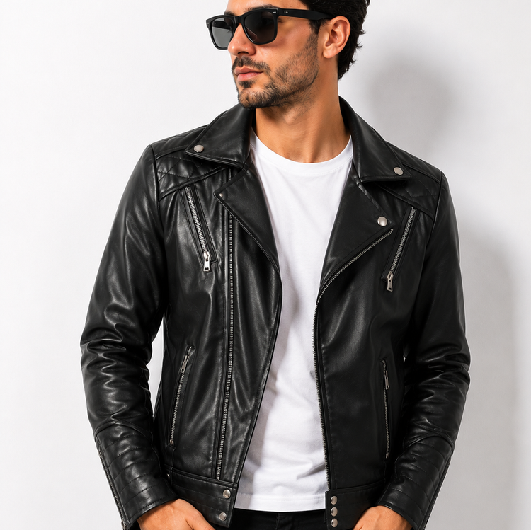 کاپشن مردانه چرم زیپ کج مشکی - در سایزها L- XL- XXL مناسب استفاده در پاییز و زمستان