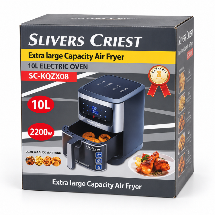 سرخکن بدون روغن سیلور کرست مدل SC-KQZX08 ظرفیت 10 لیتر، توان 2200 وات، پنل لمسی دیجیتال و سبد پنجرهدار با گارانتی