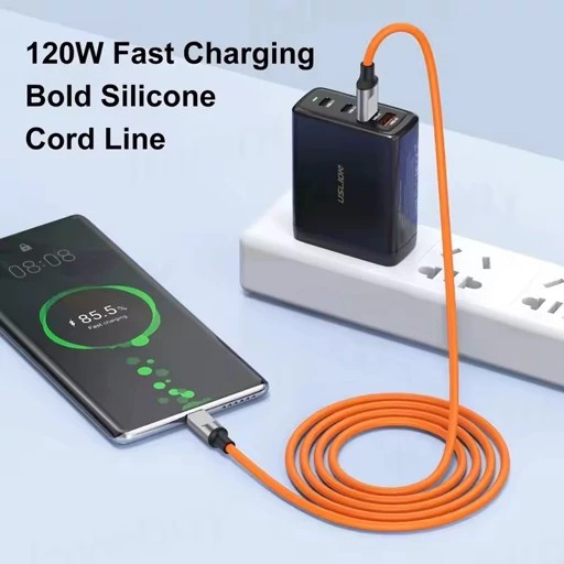 کابل شارژ فست شارژ Micro USB (120 وات 6 آمپر) سرسوکت نارنجی،امکان انتقال اطلاعات،دارای روکش سیلیکونی،جنس اورجینال و اصلی