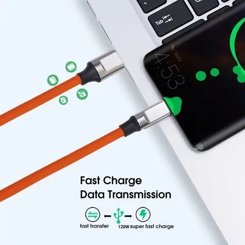 کابل شارژ فست شارژ Micro USB (120 وات 6 آمپر) سرسوکت نارنجی،امکان انتقال اطلاعات،دارای روکش سیلیکونی،جنس اورجینال و اصلی