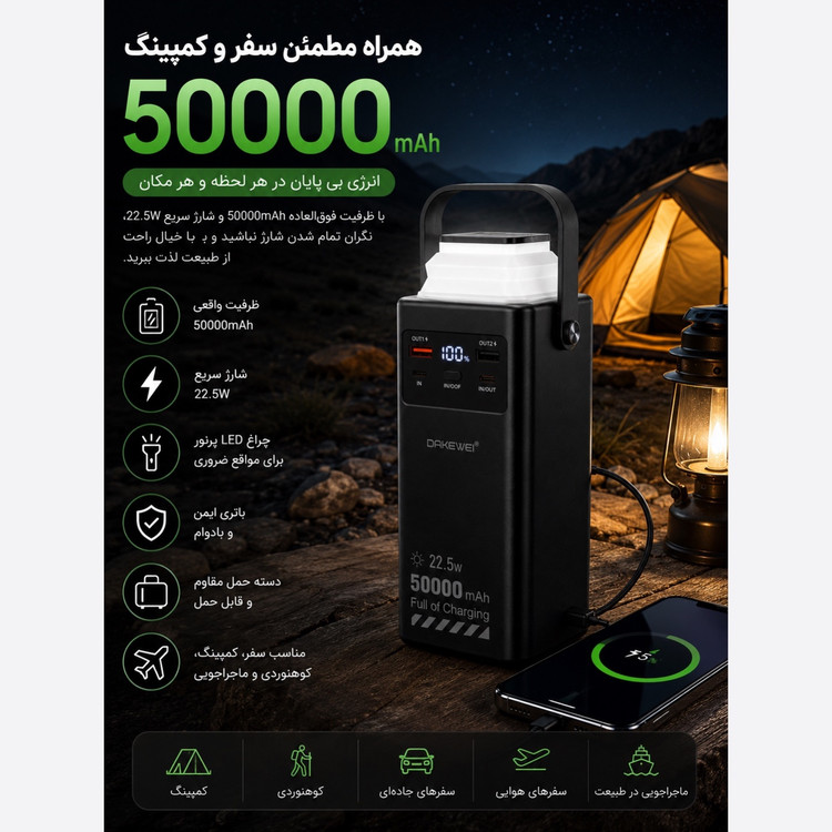پاوربانک 50000 میلی آمپری DAKEWEI شارژ سریع 22.5 وات همراه کابلهای داخلی و نمایشگر دیجیتال
