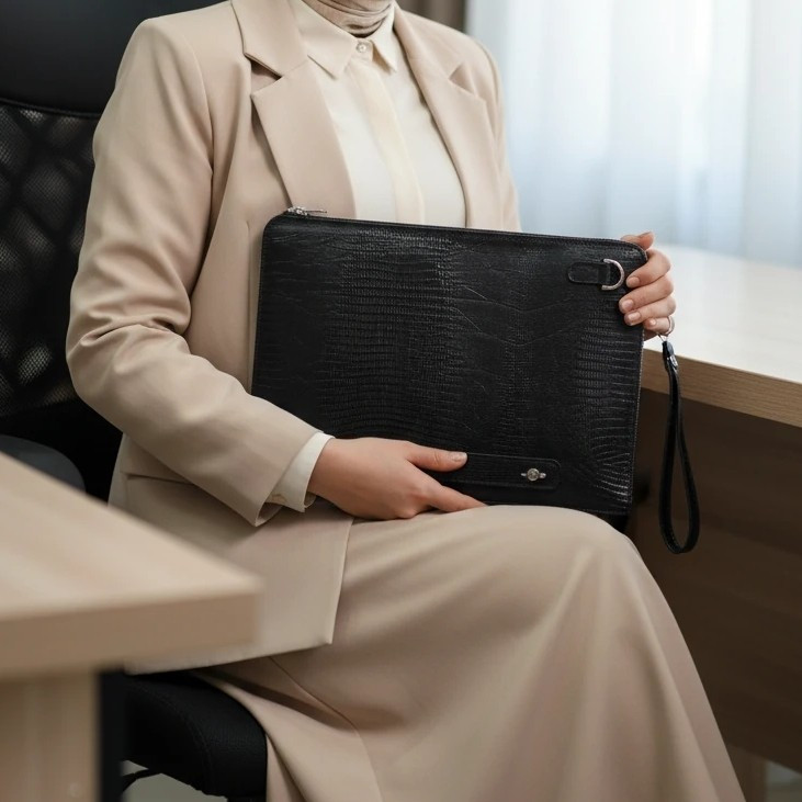 فولدر چرم اداری دورزیپ*چرم طبیعی گاوی طرح لزارد مشکی*مخصوص وکلا و مهندسین و کارمندان